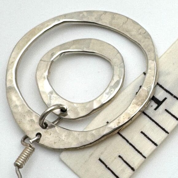 Hammered Sterling Silver Dangle Earrings Wavy Double Circle Design Vintage - Picture 3 of 8